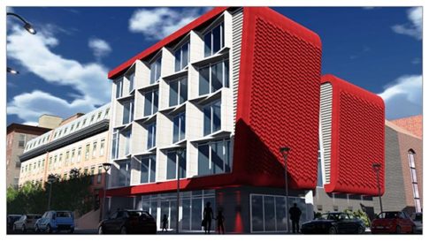 The five-story concept apartment building houses 31 units with angled floor-to-ceiling windows.