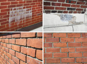 Common symptoms and causes of exterior wall distress include (clockwise, starting upper left corner): efflorescence, spalls, cracks, and mortar deterioration.