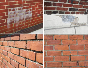 Common symptoms and causes of exterior wall distress include (clockwise, starting upper left corner): efflorescence, spalls, cracks, and mortar deterioration.