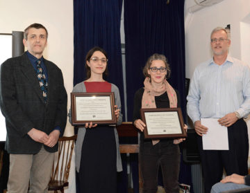 RAND Senior Architect Ivan Mrakovcic, Project Architect Valerie Landriscina, and Lincoln Condominium Board President Melanie Smith accept the Ortner Preservation Award for 153 Lincoln Place at the March Park Slope Civic Council meeting.
