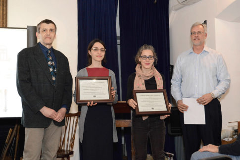 RAND Senior Architect Ivan Mrakovcic, Project Architect Valerie Landriscina, and Lincoln Condominium Board President Melanie Smith accept the Ortner Preservation Award for 153 Lincoln Place at the March Park Slope Civic Council meeting.