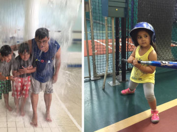 Rommel Abad and sons cool off in the Splash Zone while little slugger Isabella Marinez-Rio takes a cut in the batting cage at RAND's Summer Party at Chelsea Piers, Connecticut.
