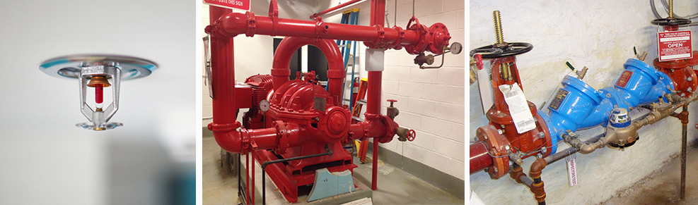 Common fire sprinkler system components: sprinkler head (left), fire pumps (middle), and backflow preventer (right). 