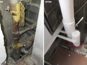 Before after riser piping replacement: Severe riser piping corrosion observed during RAND’s evaluation (left) and corroded pipes and insulation replaced (right).