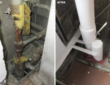 Before after riser piping replacement: Severe riser piping corrosion observed during RAND’s evaluation (left) and corroded pipes and insulation replaced (right).