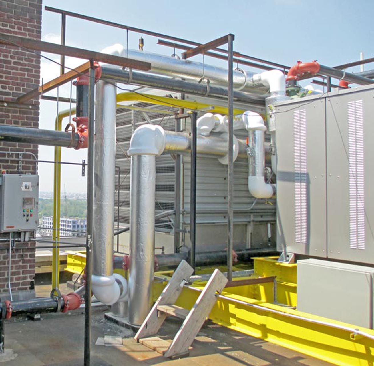<p>After ground-floor chillers were destroyed by Hurricane Irene and Superstorm Sandy, replacement chillers were relocated on the roof and placed on a reinforced steel platform.</p>