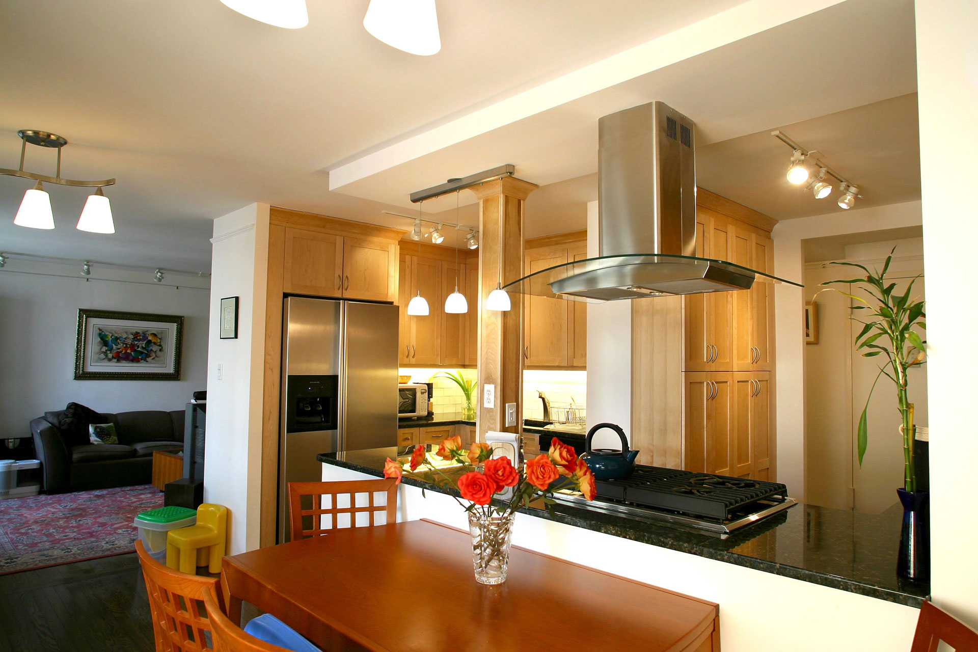 <p>The renovation project combined two units into one 1,400-square-foot apartment and featured kitchen cabinetry, countertops, and new wood flooring.</p>