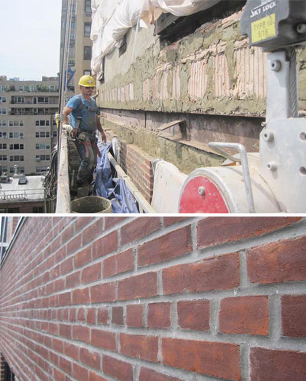 <p>Reskinning required removing the exterior brick, applying a layer of mortar and waterproofing membrane, and installing new brick.</p>
