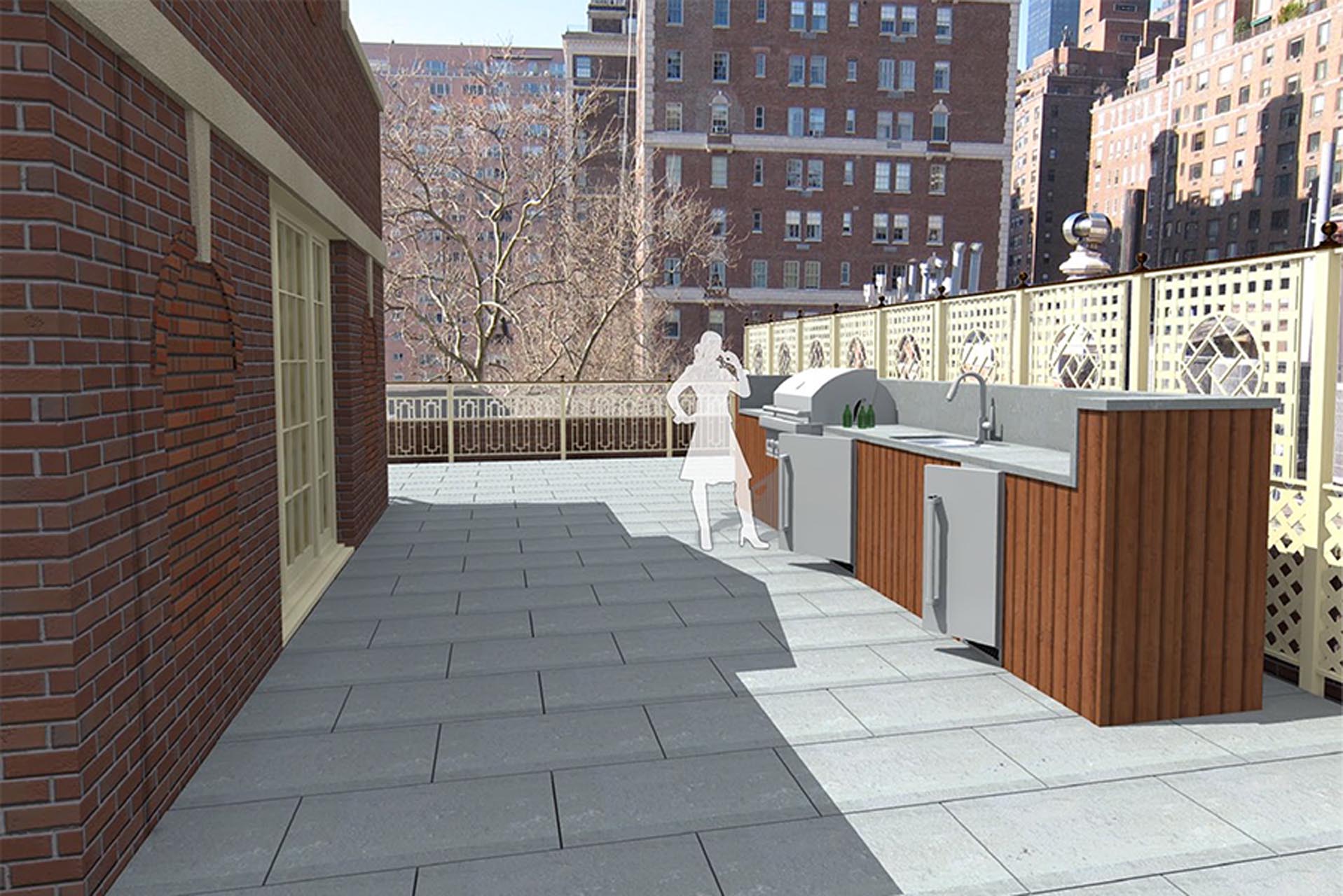 <p>The new recreational roof deck will feature stone pavers, a wet bar, barbecue station, refrigerator, and views of the East River.</p>
