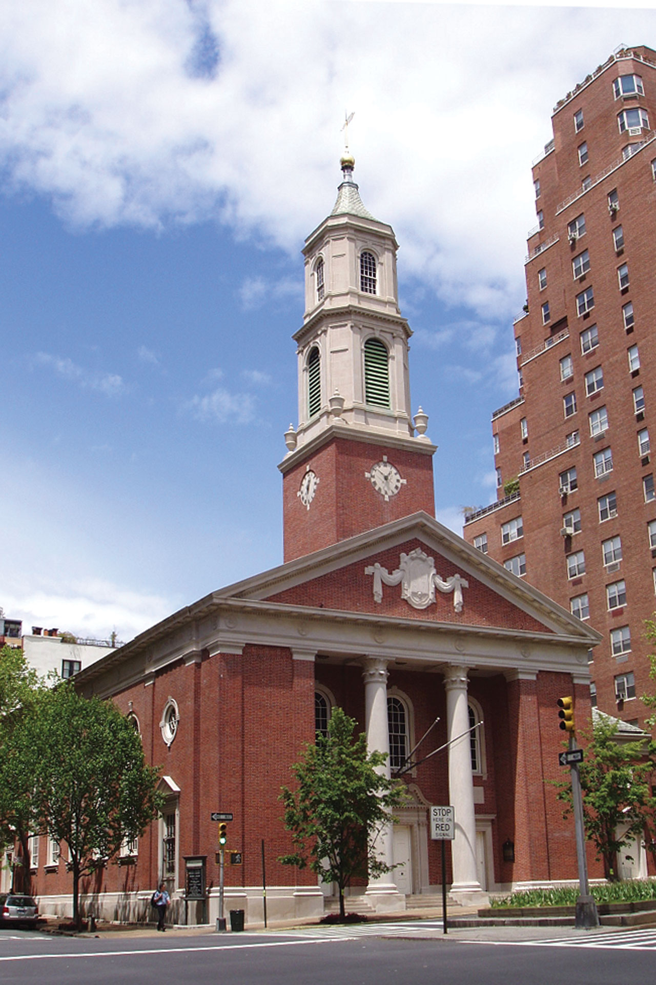 <p>Exterior repairs at the Neo-Georgian Brick Presbyterian Church included replacing defective brick and stone work, repairing the slate roof, and cleaning the facade.</p>
