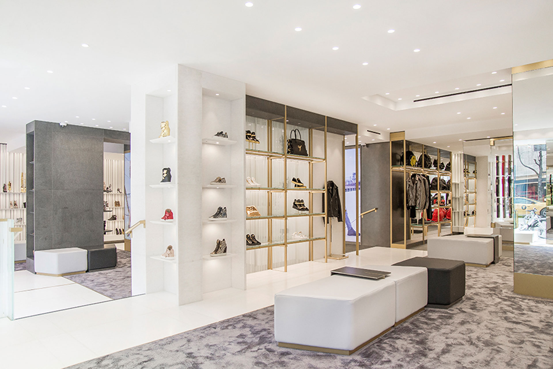 <p>Giuseppe Zanotti doubled the size of its largest American store. The contemporary redesign is meant to reflect the spirit of the brand through clean lines and geometric interiors.</p>