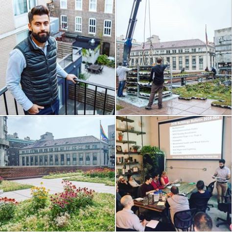 Clockwise from upper left: RAND Senior Structural Engineer Eugene Gurevich, PE, green roof project in progress, green roof project on the Upper West Side of Manhattan, Eugene teaching "Building the Rooftop Farm" at AgTech X.