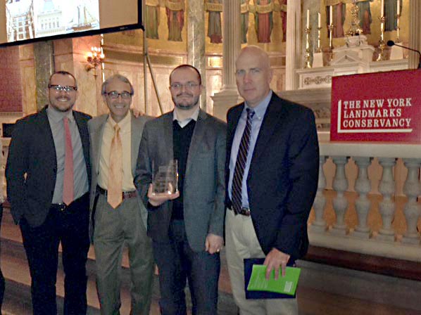Karass Development President Vladimir Kokorev proudly displays the Lucy G. Moses Project Award for 901 Broadway with RAND’s William Pitonyak, Stephen Varone, and Michael Larkin.
