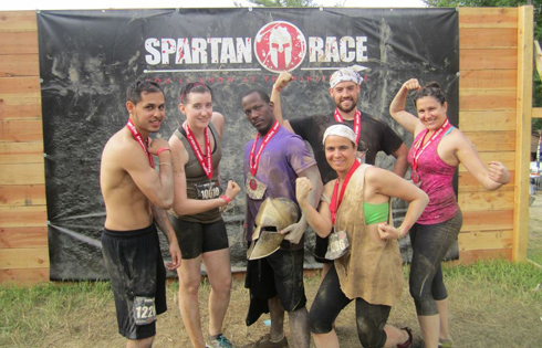 RAND's Spartan Team celebrates their finish: Cesar Macias, Catherine Carr, Malik Ranger, Sara Tsiropinas, Sam Kemp, and Albelisa Kemp.