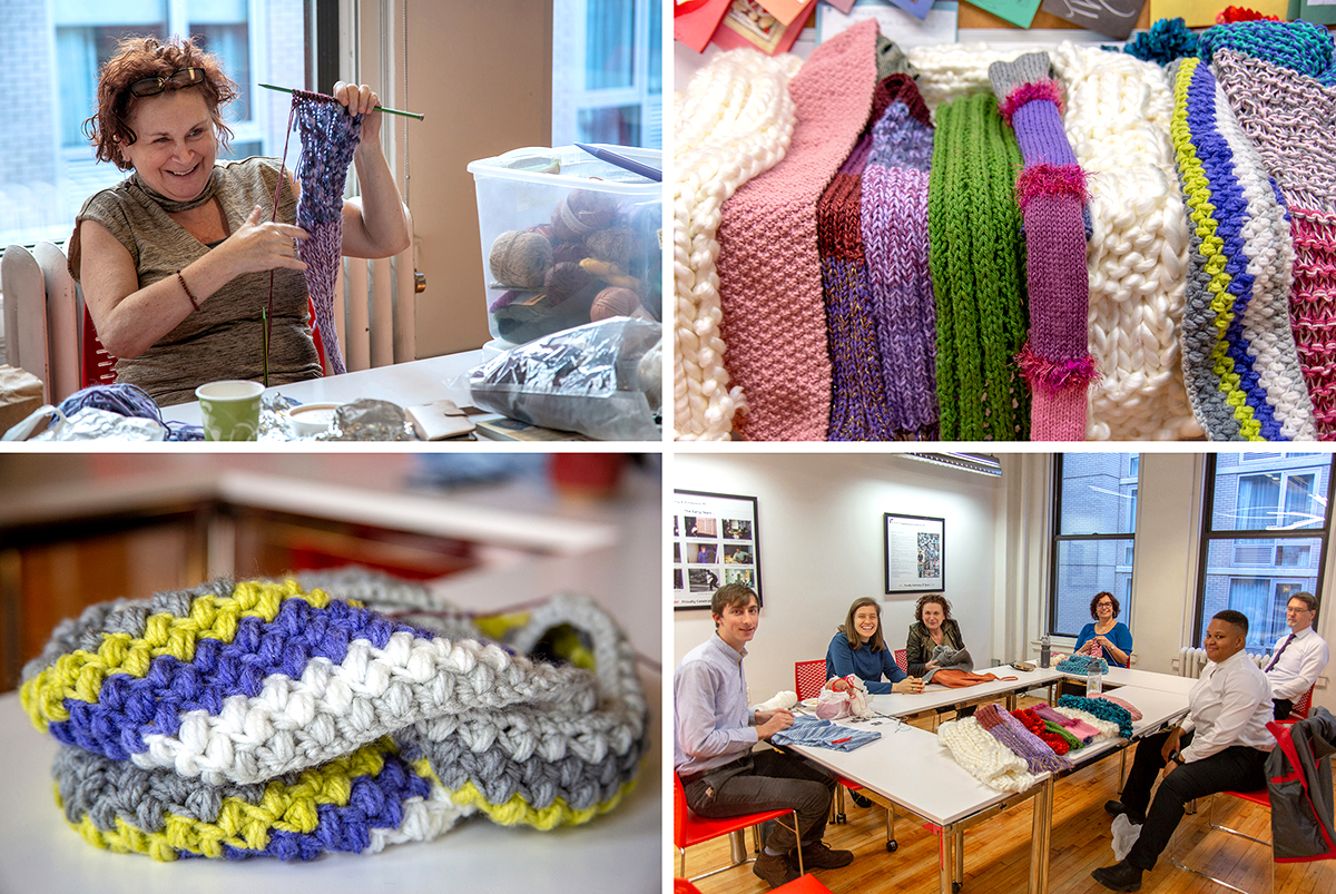 RAND Gives Back knitters, knitting scarves to be donated to The Floating Hospital for their Candy Cane Lane toy and clothing drive.