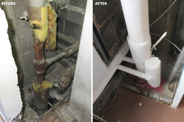 Before after riser piping replacement: Severe riser piping corrosion observed during RAND’s evaluation (left) and corroded pipes and insulation replaced (right).
