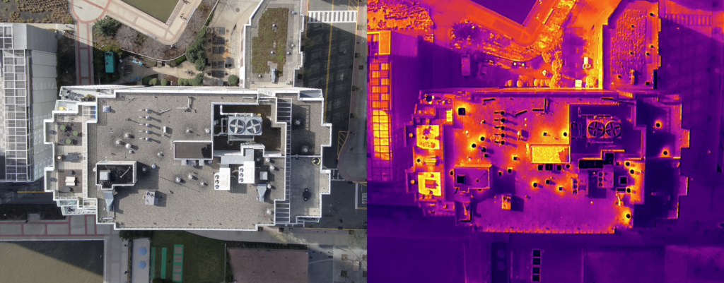 Drone imagery paired with infrared thermal imaging can help identify temperature variations across roof areas and building envelope components, supporting leakage evaluations, condition assessments, and repair planning.